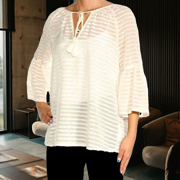 Kensie Tops - Kensie Ivory Textured Striped Tie Front Top